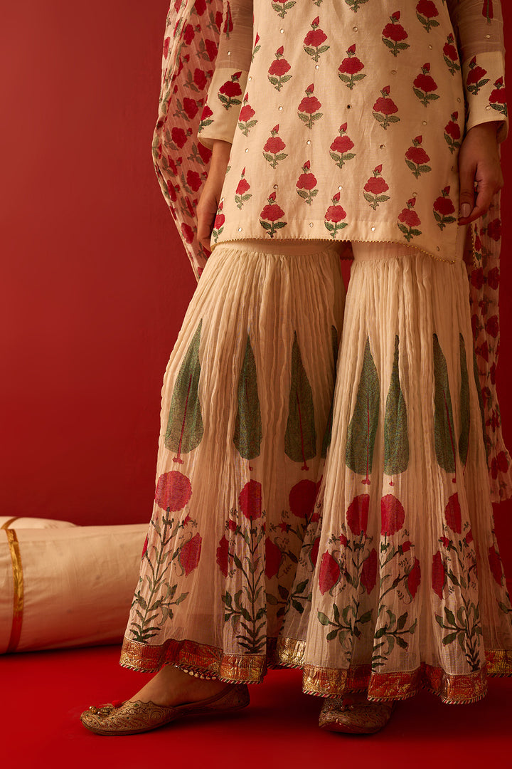 Chaand Raat Off White Mughal print kurta with crush gharara and dupatta (set of 3)