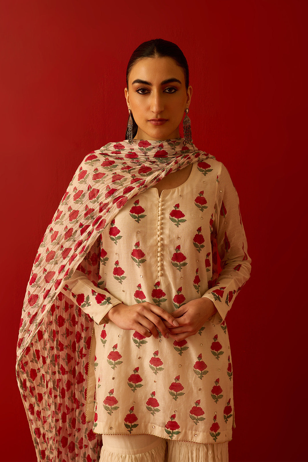 Chaand Raat Off White Mughal print kurta with crush gharara and dupatta (set of 3)