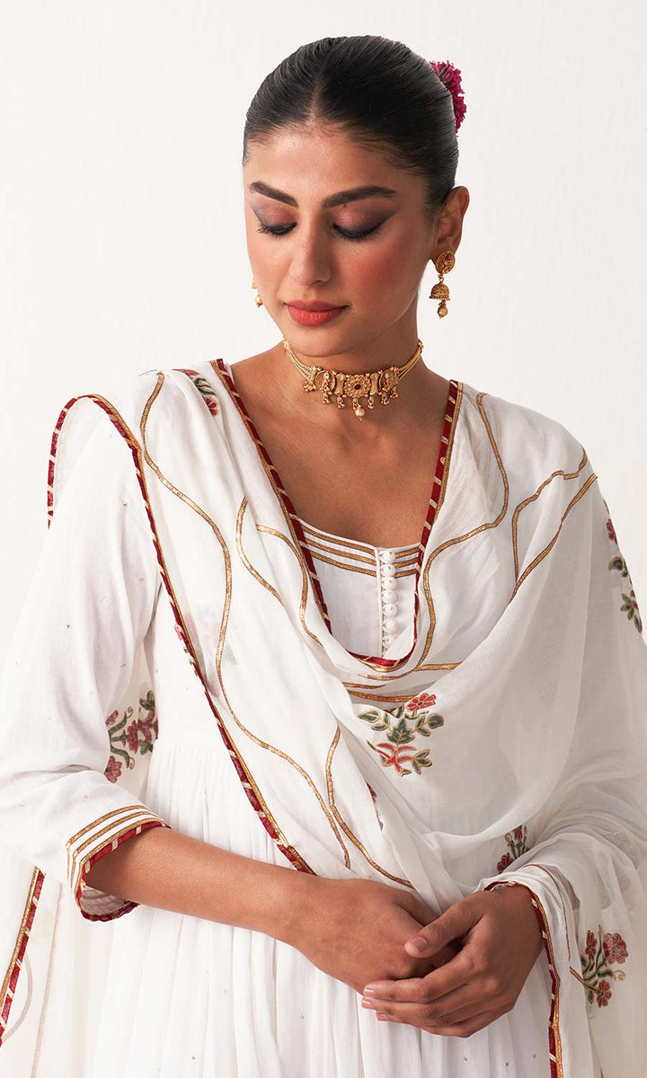 Kimaya 2.0 White Mukaish Solid Anarkali with Palazzo and Block Printed Dupatta (set Of 3)