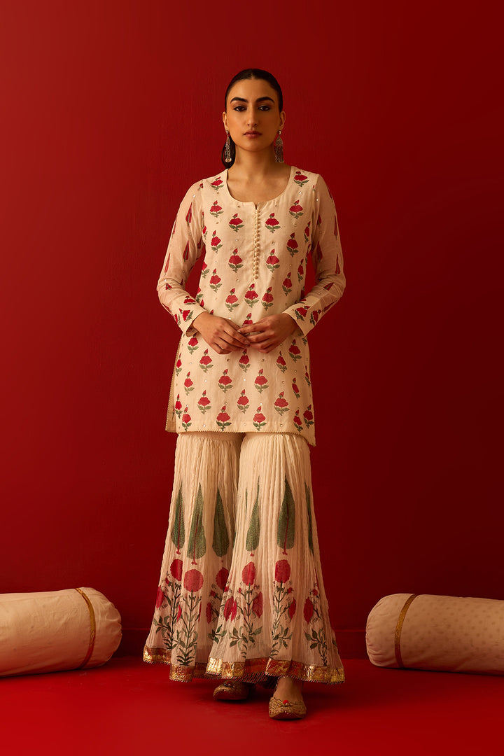 Chaand Raat Off White Mughal print kurta with crush gharara and dupatta (set of 3)