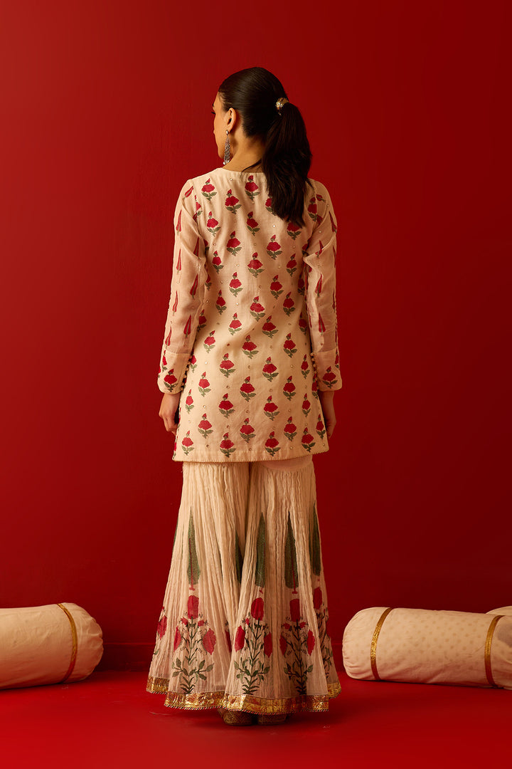 Chaand Raat Off White Mughal print kurta with crush gharara and dupatta (set of 3)