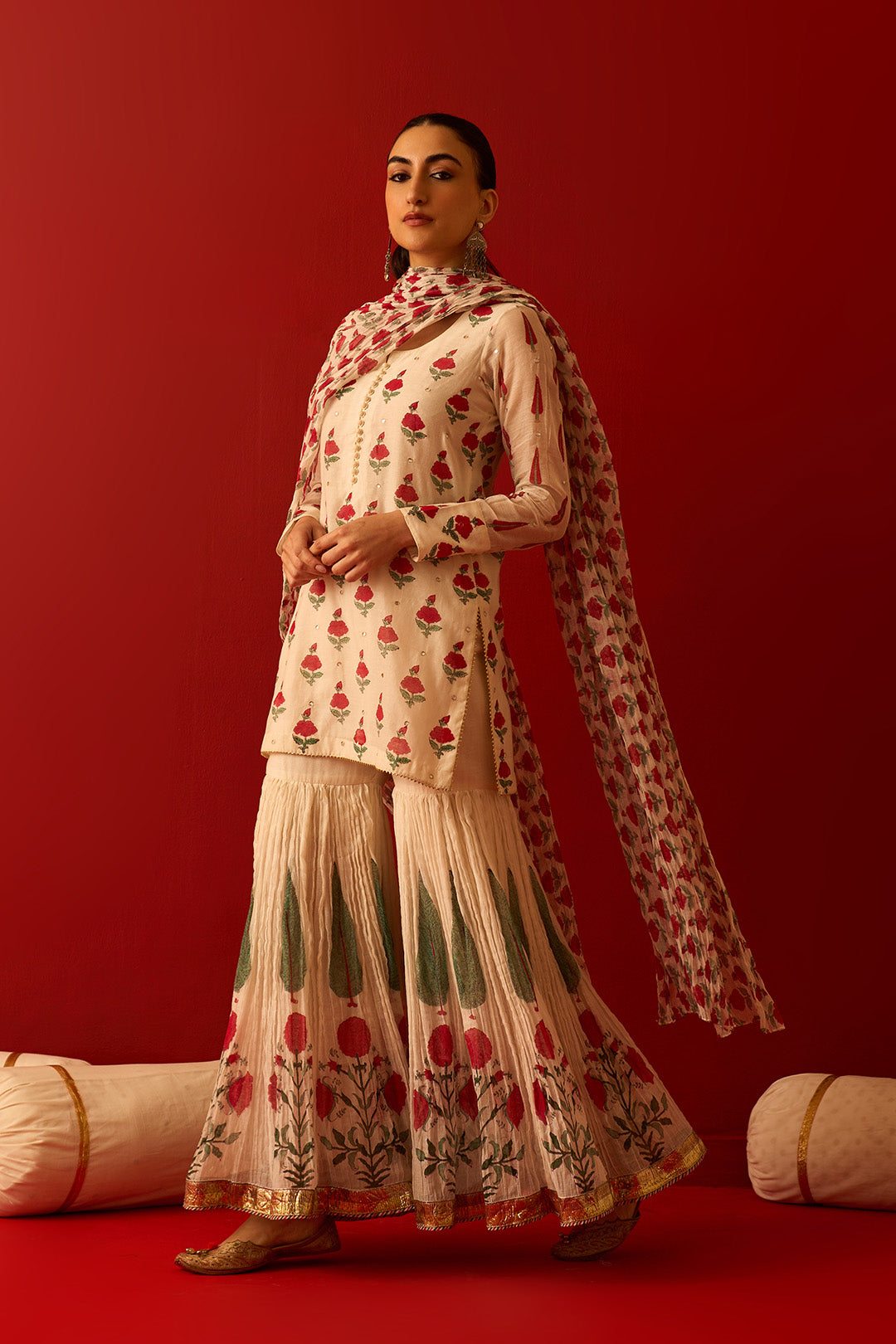 Chaand Raat Off White Mughal print kurta with crush gharara and dupatta (set of 3)