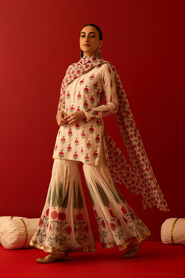 Chaand Raat Off White Mughal print kurta with crush gharara and dupatta (set of 3)