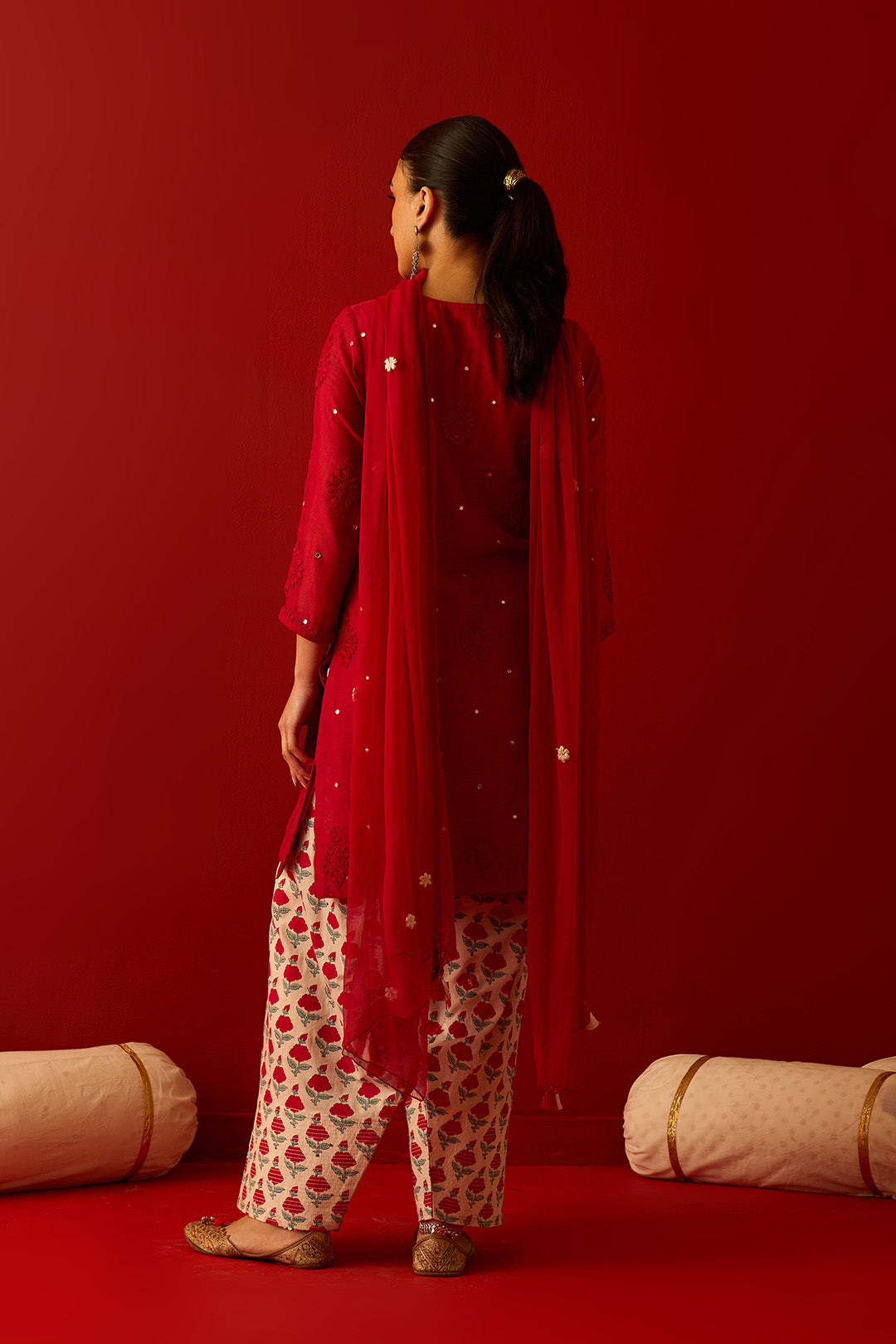 Chaand Raat Red with Off White Red chikankari kurta with mughal hand block printed salwar and dupatta (set of 3)