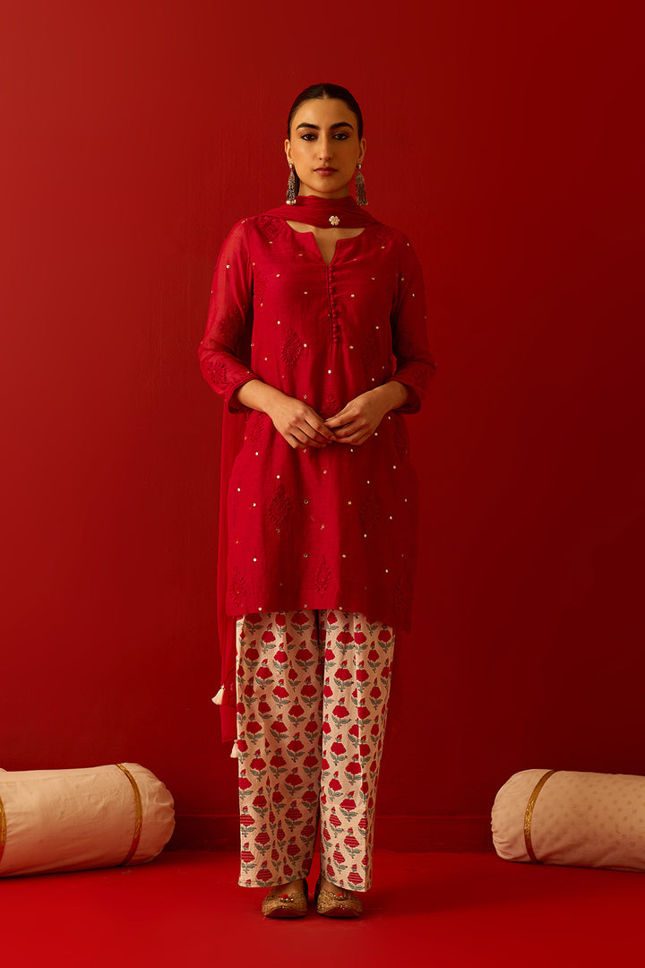 Chaand Raat Red with Off White Red chikankari kurta with mughal hand block printed salwar and dupatta (set of 3)
