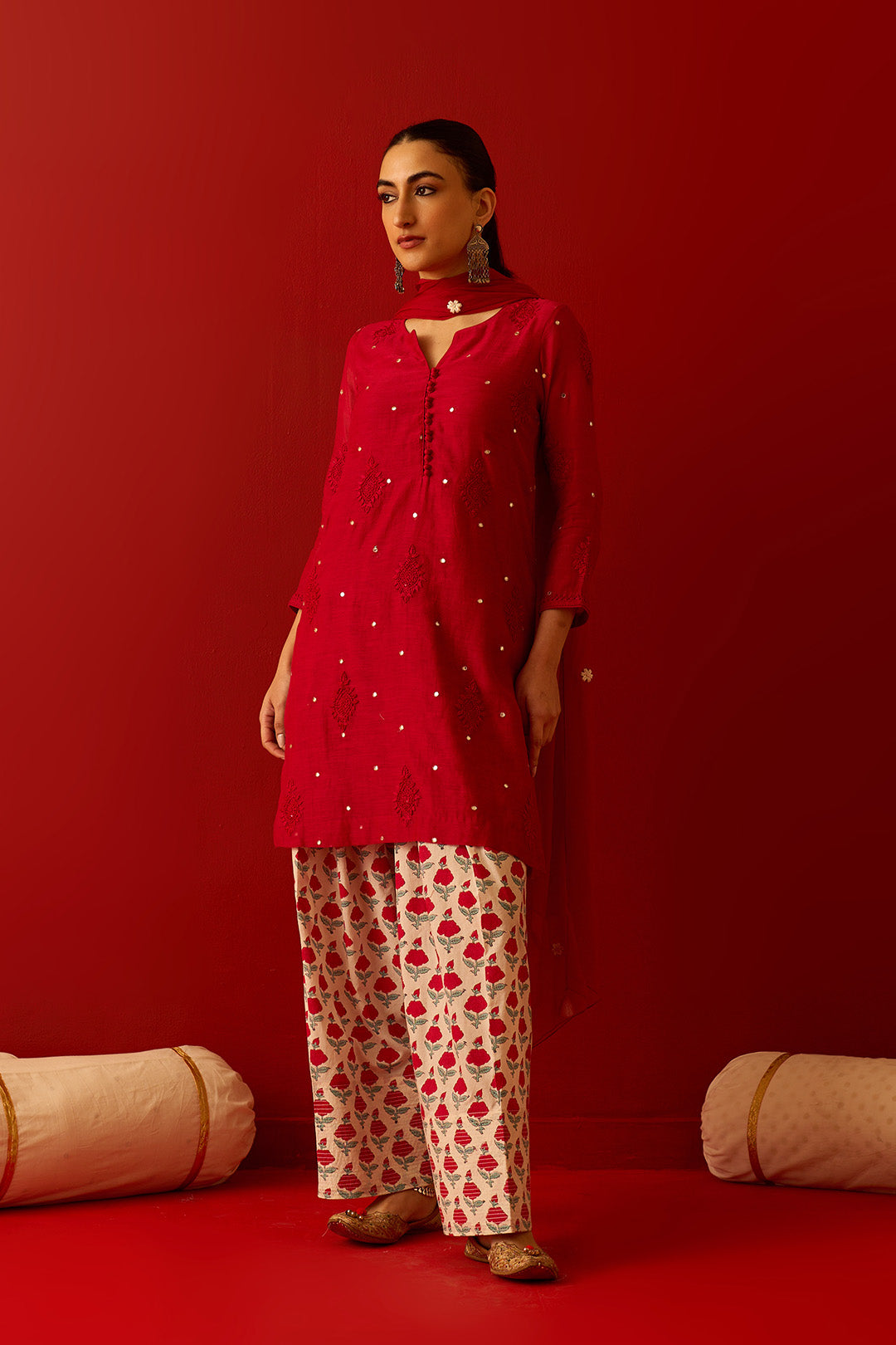 Chaand Raat Red with Off White Red chikankari kurta with mughal hand block printed salwar and dupatta (set of 3)
