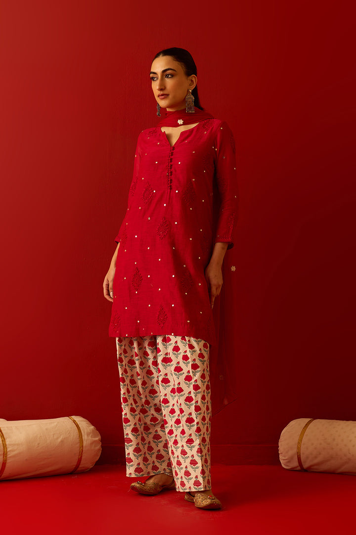 Chaand Raat Red with Off White Red chikankari kurta with mughal hand block printed salwar and dupatta (set of 3)