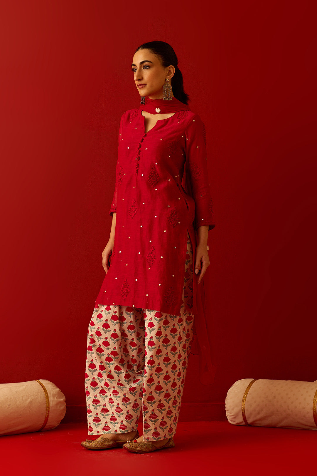 Chaand Raat Red with Off White Red chikankari kurta with mughal hand block printed salwar and dupatta (set of 3)