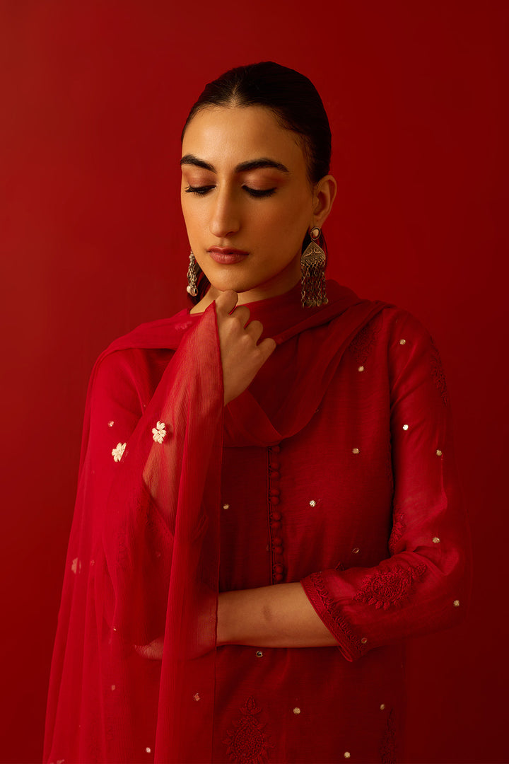 Chaand Raat Red with Off White Red chikankari kurta with mughal hand block printed salwar and dupatta (set of 3)