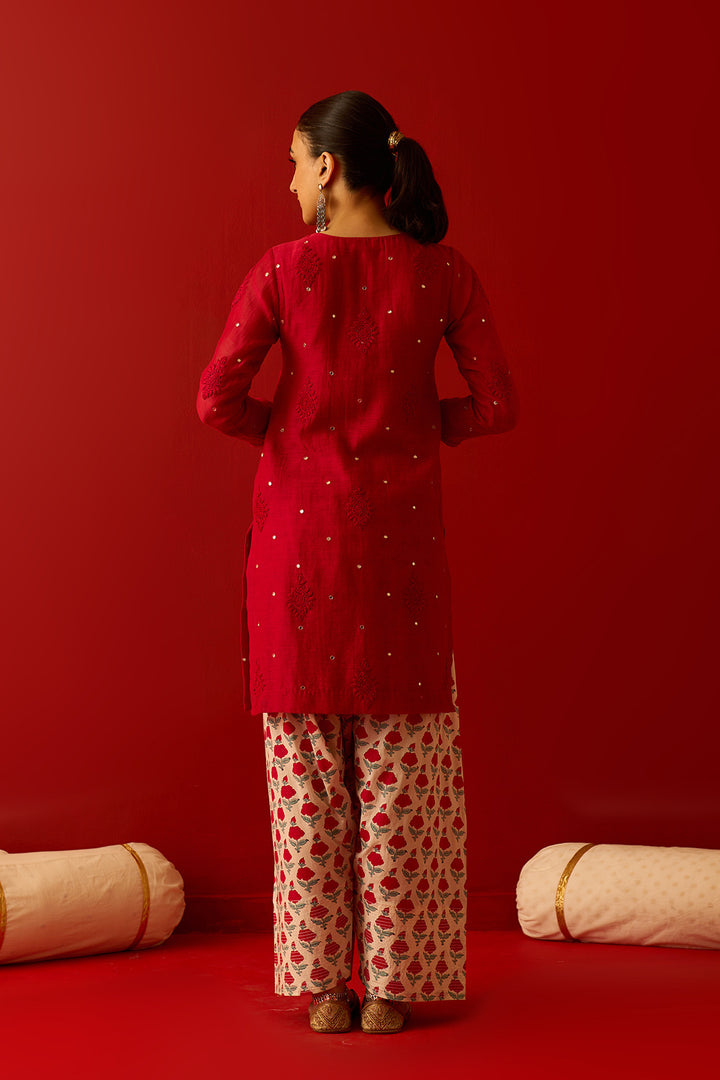 Chaand Raat Red with Off White Red chikankari kurta with mughal hand block printed salwar and dupatta (set of 3)