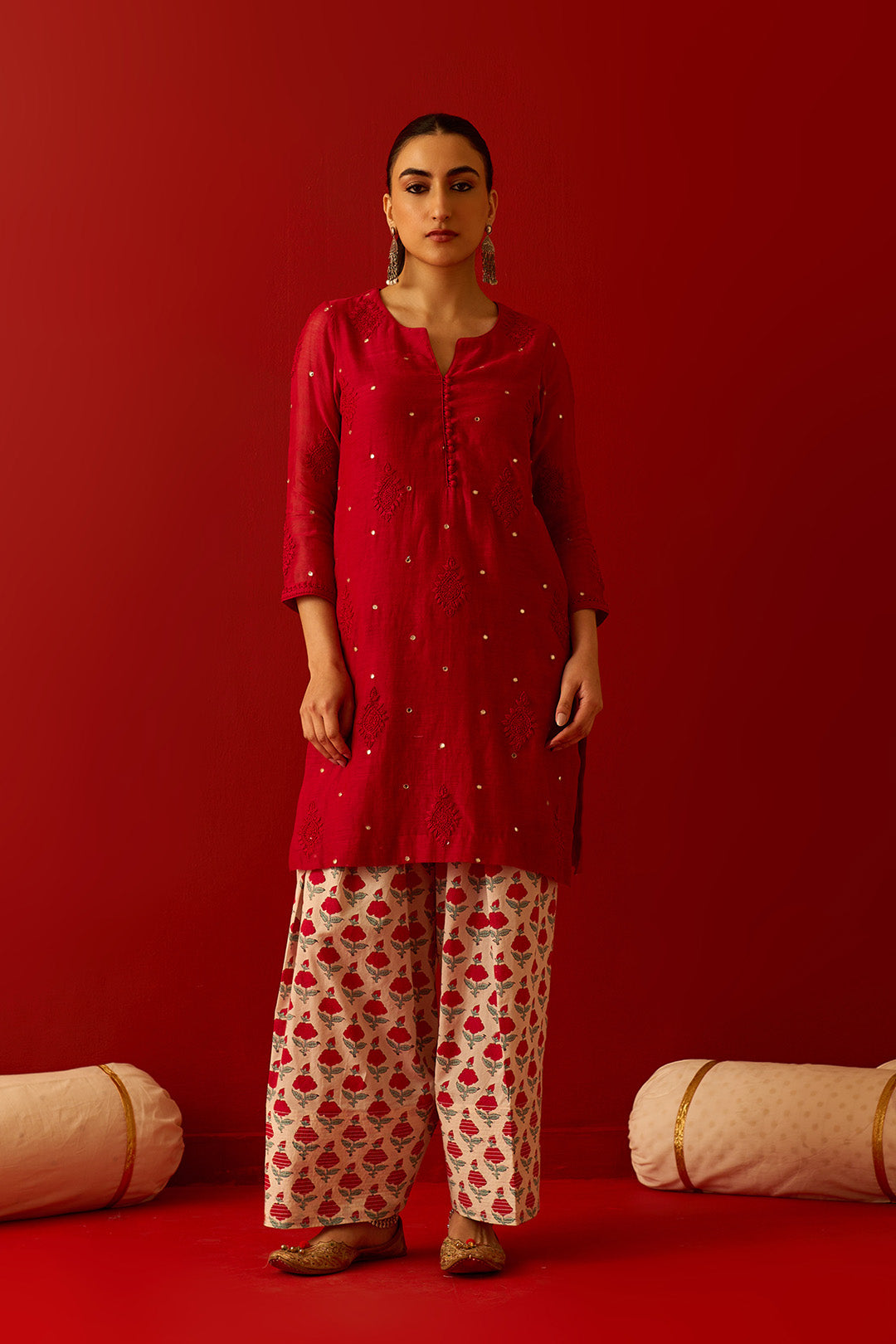Chaand Raat Red with Off White Red chikankari kurta with mughal hand block printed salwar and dupatta (set of 3)