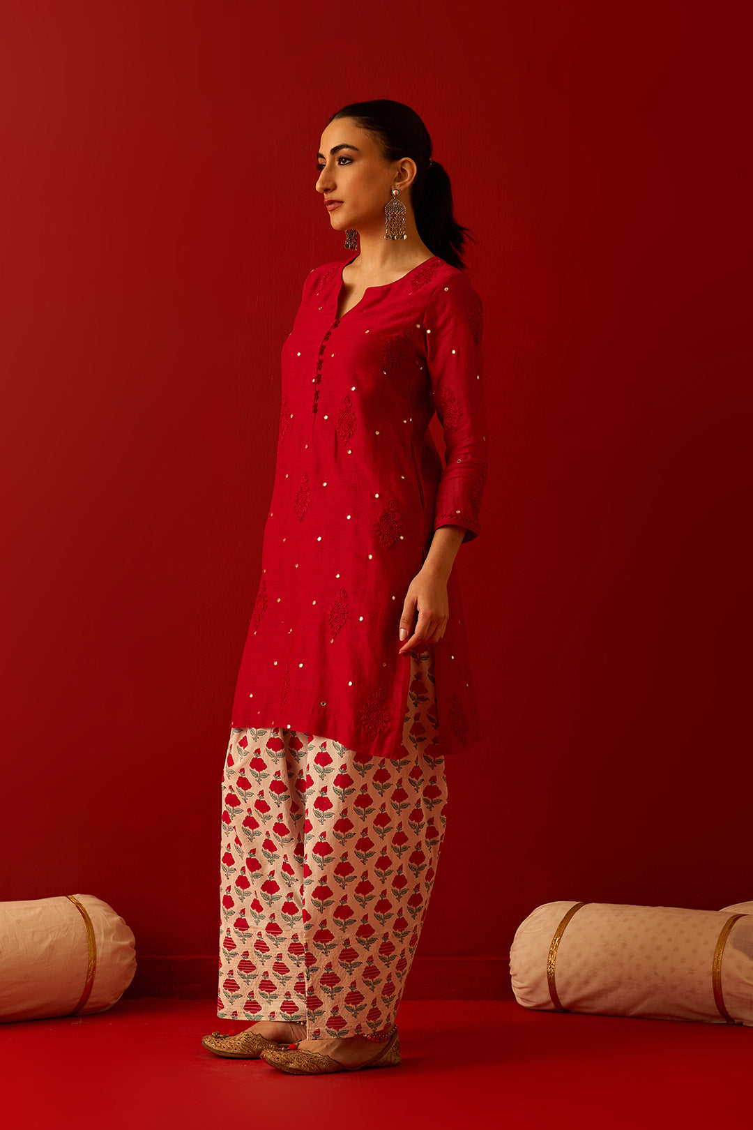 Chaand Raat Red with Off White Red chikankari kurta with mughal hand block printed salwar and dupatta (set of 3)