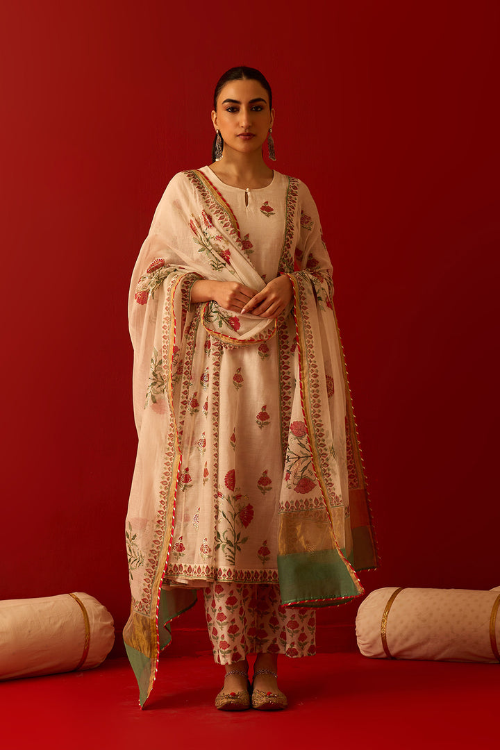 Chaand Raat Off White Block printed foil anarkali with palazzo and dupatta (set of 3)