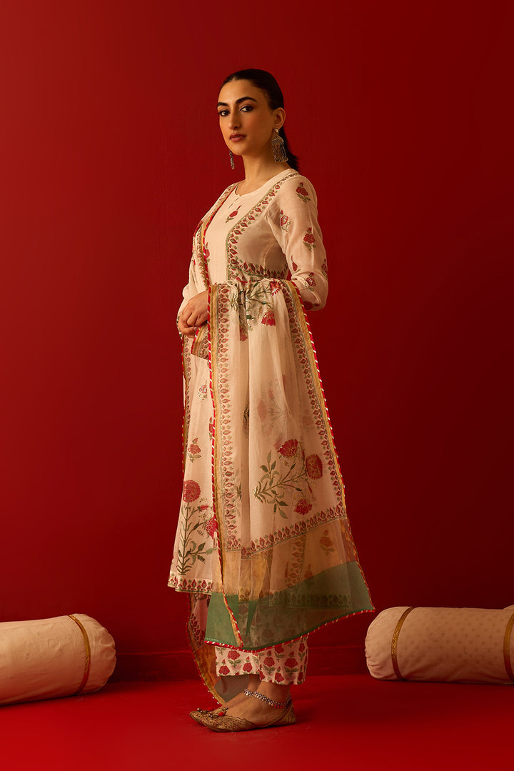 Chaand Raat Off White Block printed foil anarkali with palazzo and dupatta (set of 3)