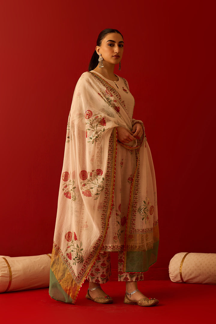 Chaand Raat Off White Block printed foil anarkali with palazzo and dupatta (set of 3)