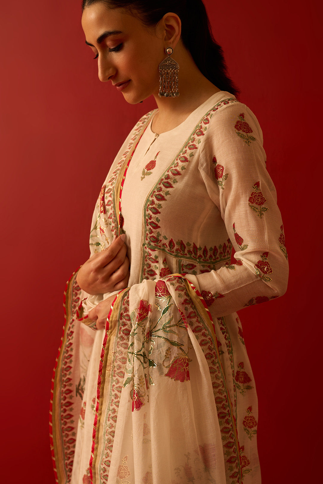 Chaand Raat Off White Block printed foil anarkali with palazzo and dupatta (set of 3)