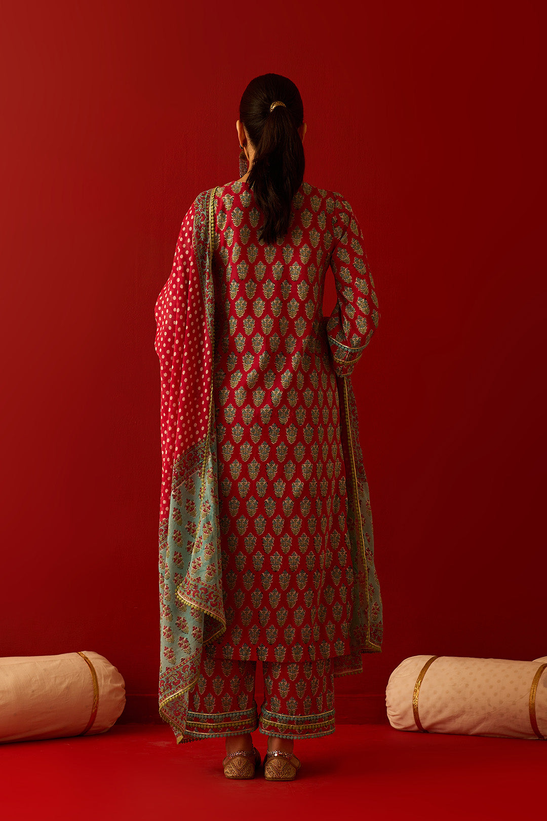 Chaand Raat Red Block printed yoke straight kurta with palazzo and dupatta (set of 3)