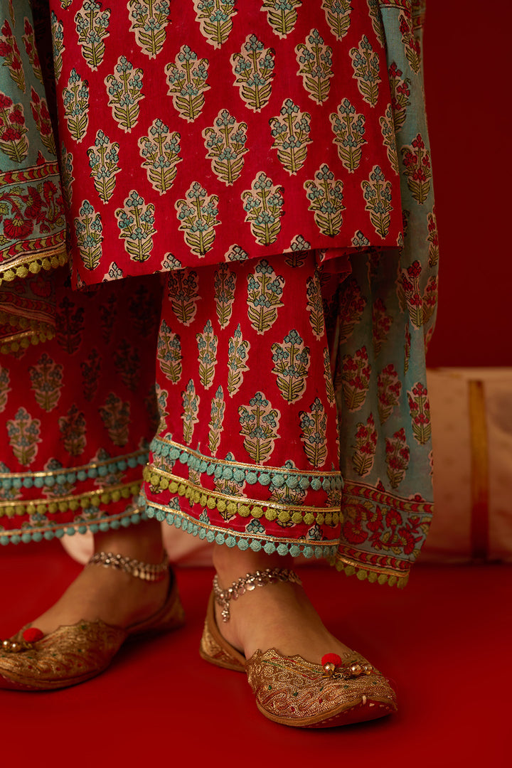 Chaand Raat Red Block printed yoke straight kurta with palazzo and dupatta (set of 3)