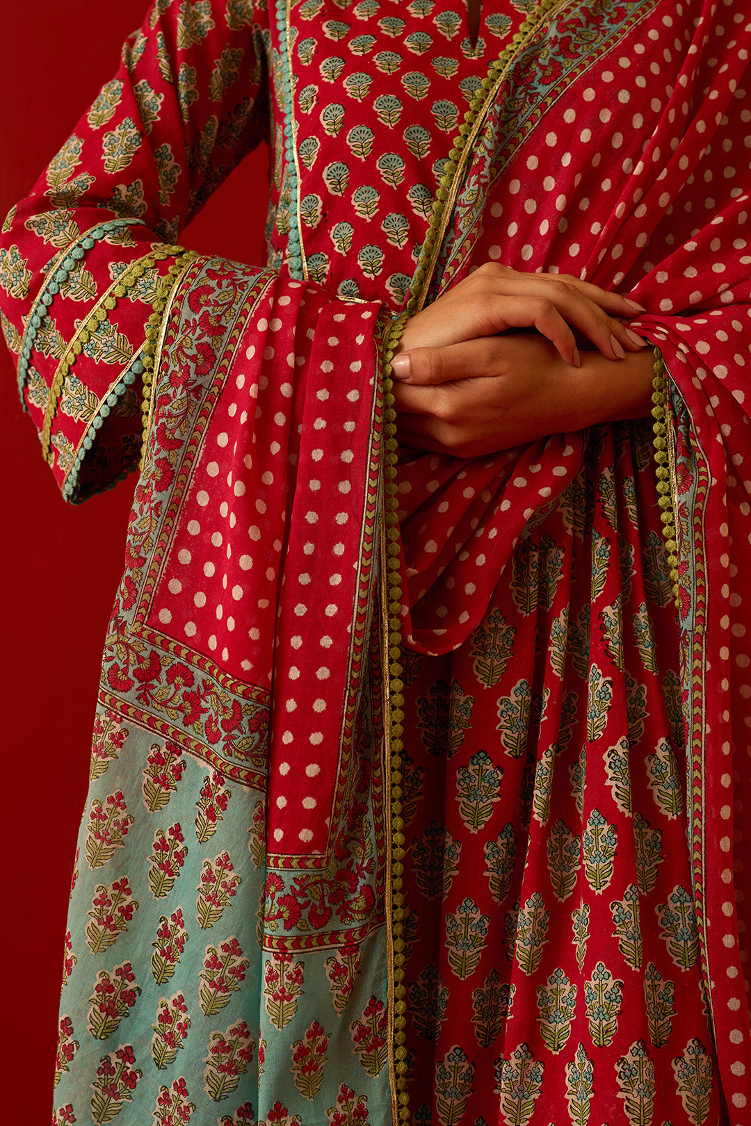 Chaand Raat Red Block printed yoke straight kurta with palazzo and dupatta (set of 3)