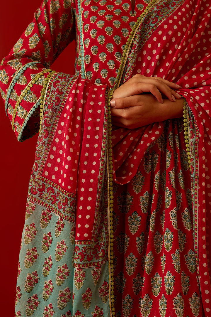 Chaand Raat Red Block printed yoke straight kurta with palazzo and dupatta (set of 3)