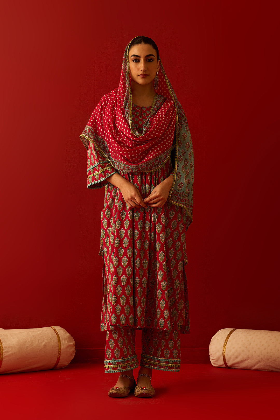 Chaand Raat Red Block printed yoke straight kurta with palazzo and dupatta (set of 3)