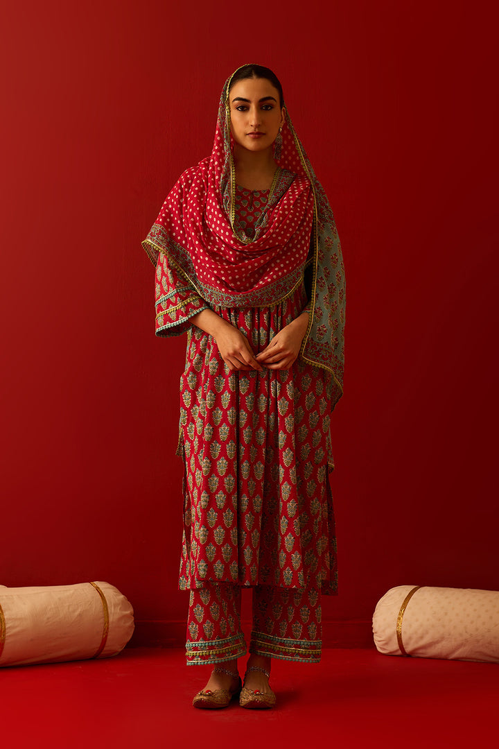 Chaand Raat Red Block printed yoke straight kurta with palazzo and dupatta (set of 3)
