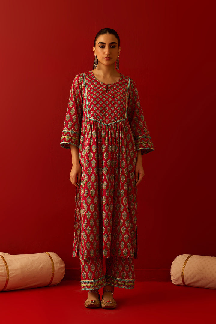 Chaand Raat Red Block printed yoke straight kurta with palazzo and dupatta (set of 3)