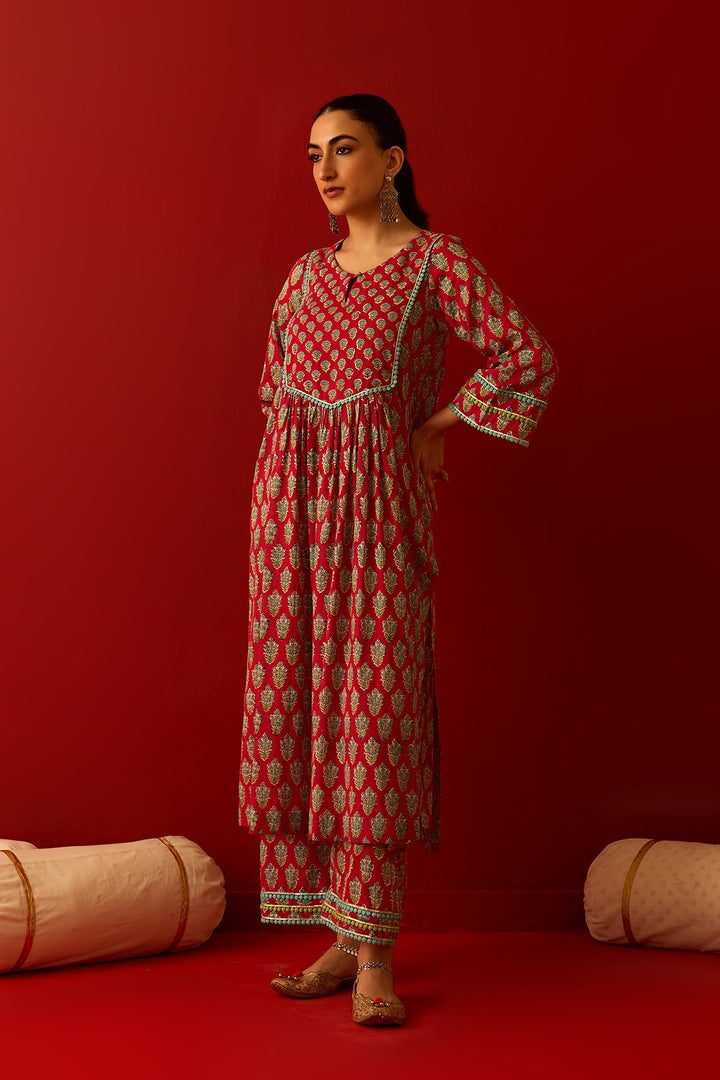 Chaand Raat Red Block printed yoke straight kurta with palazzo and dupatta (set of 3)