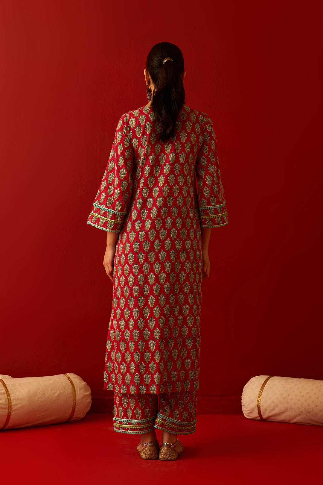 Chaand Raat Red Block printed yoke straight kurta with palazzo and dupatta (set of 3)