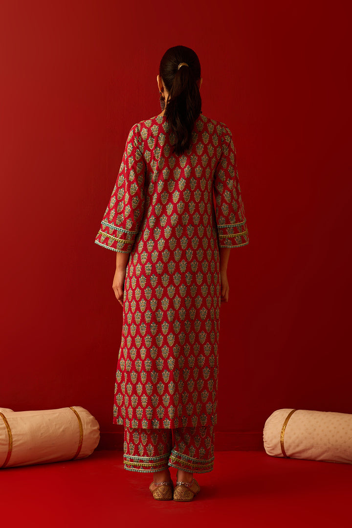 Chaand Raat Red Block printed yoke straight kurta with palazzo and dupatta (set of 3)