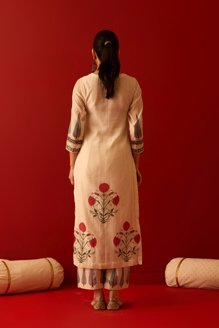 Chaand Raat off white Mughal block printed straight kurta with palazzo and dupatta(set of 3)