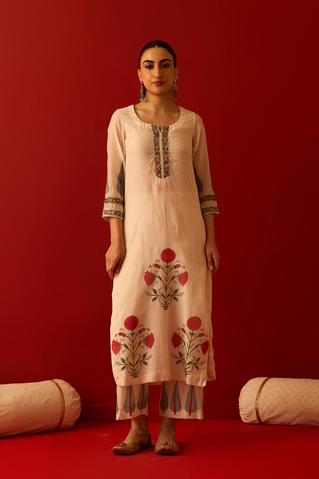 Chaand Raat off white Mughal block printed straight kurta with palazzo and dupatta(set of 3)