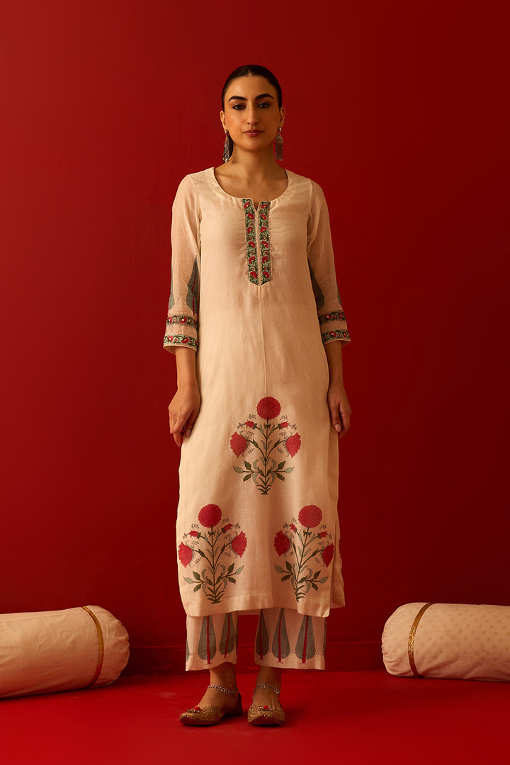 Chaand Raat off white Mughal block printed straight kurta with palazzo and dupatta(set of 3)