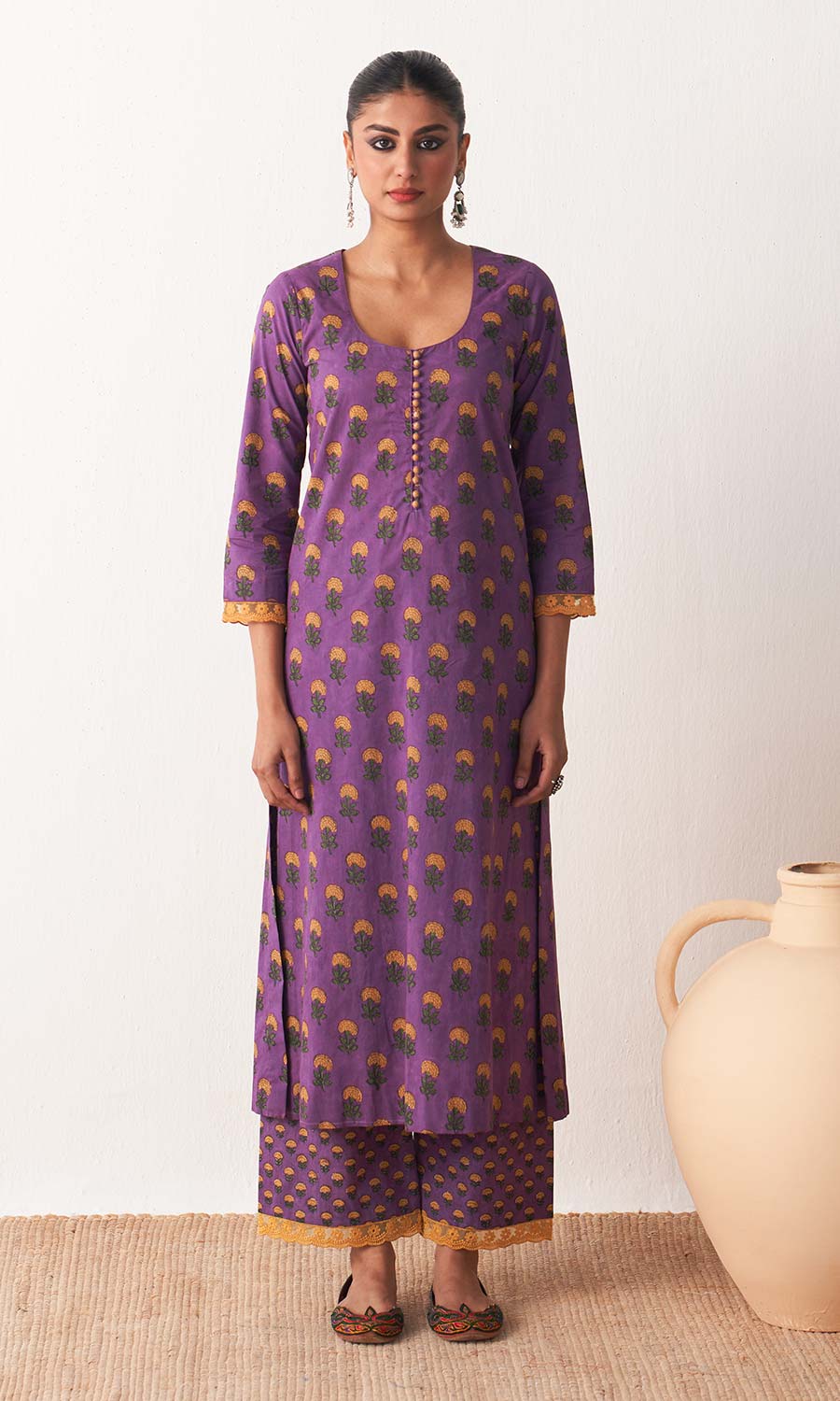 Kimaya 2.0 Block printed straight kurta with palazzo and leheriya dupatta (set of 3)