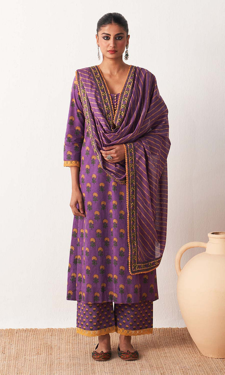 Kimaya 2.0 Block printed straight kurta with palazzo and leheriya dupatta (set of 3)