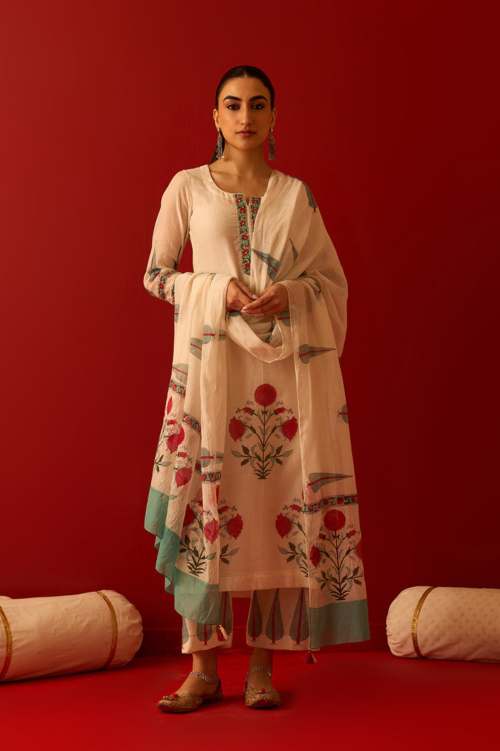 Chaand Raat off white Mughal block printed straight kurta with palazzo and dupatta(set of 3)