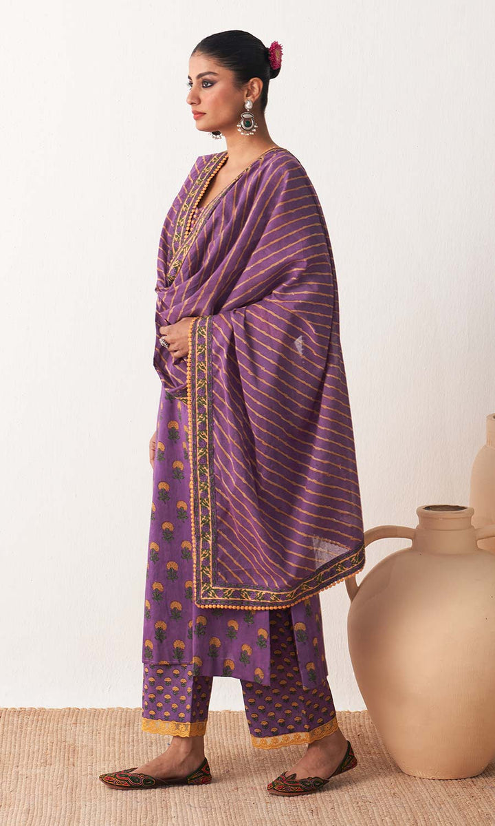 Kimaya 2.0 Block printed straight kurta with palazzo and leheriya dupatta (set of 3)