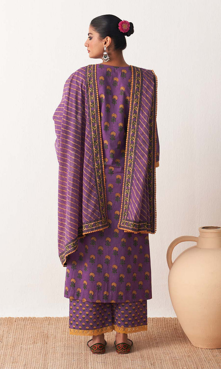 Kimaya 2.0 Block printed straight kurta with palazzo and leheriya dupatta (set of 3)