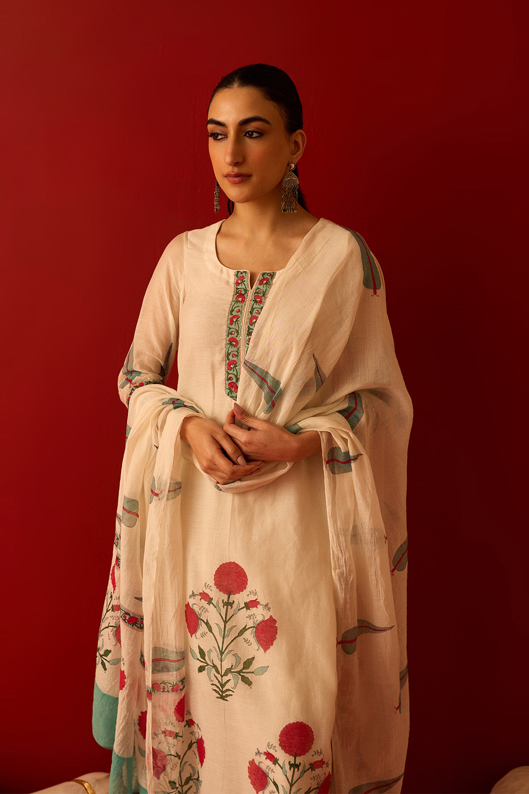 Chaand Raat off white Mughal block printed straight kurta with palazzo and dupatta(set of 3)