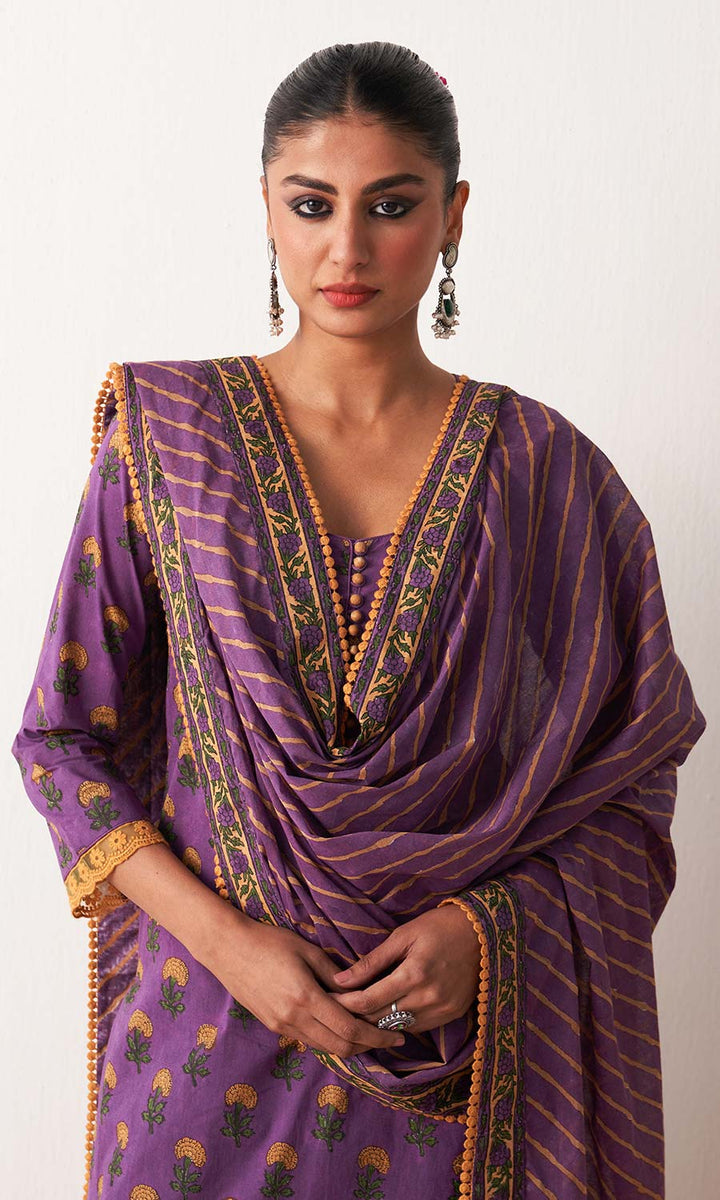Kimaya 2.0 Block printed straight kurta with palazzo and leheriya dupatta (set of 3)