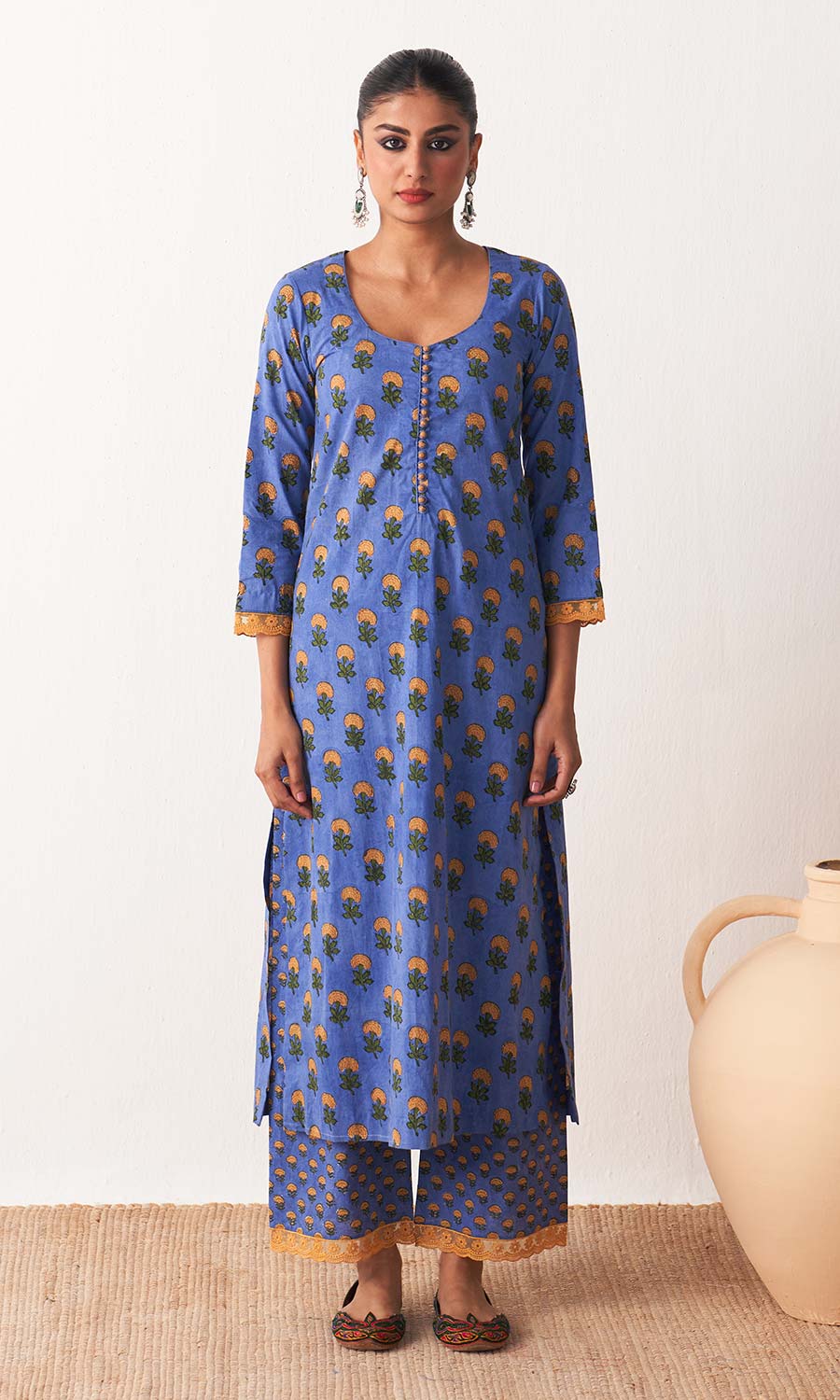 Kimaya 2.0 Block printed Blue straight kurta with palazzo and leheriya dupatta (set of 3)