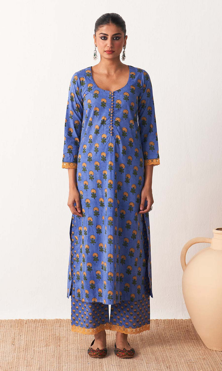 Kimaya 2.0 Block printed Blue straight kurta with palazzo and leheriya dupatta (set of 3)