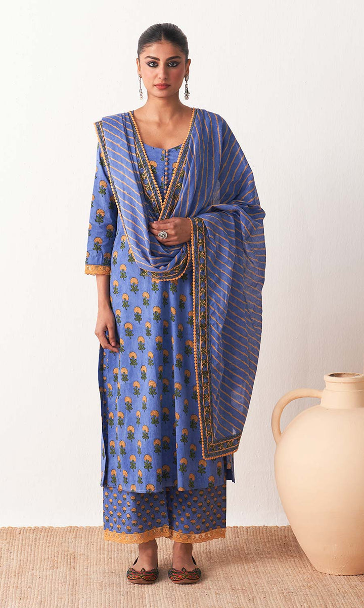 Kimaya 2.0 Block printed Blue straight kurta with palazzo and leheriya dupatta (set of 3)