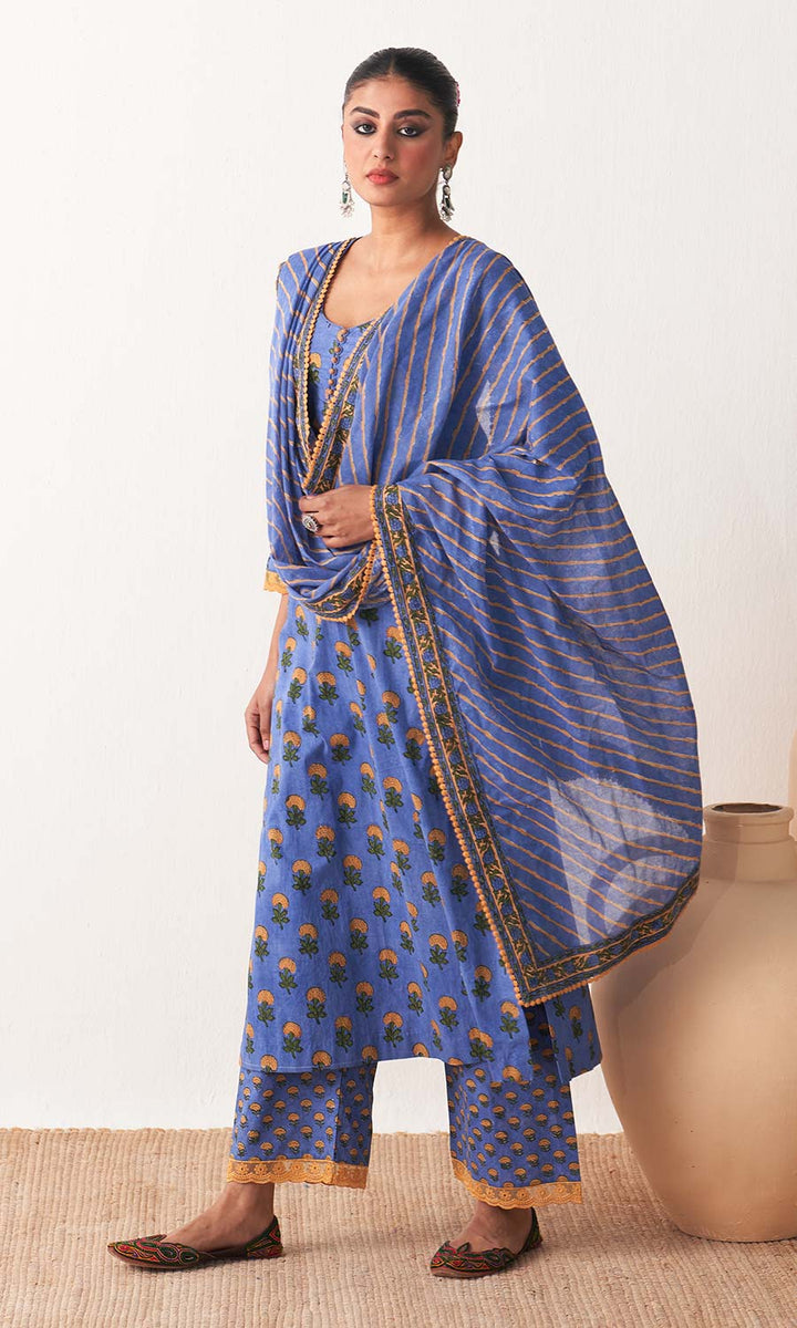 Kimaya 2.0 Block printed Blue straight kurta with palazzo and leheriya dupatta (set of 3)