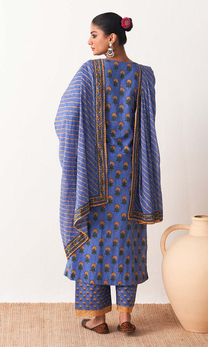 Kimaya 2.0 Block printed Blue straight kurta with palazzo and leheriya dupatta (set of 3)