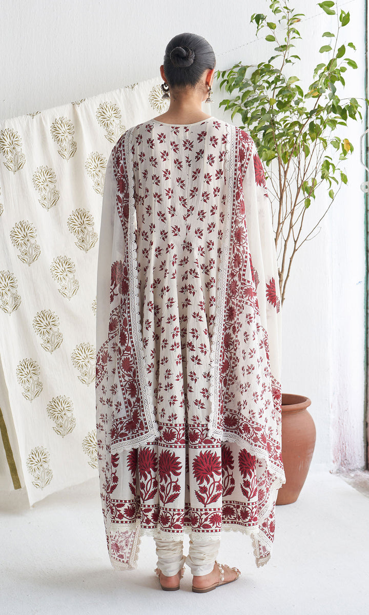 Gulmohar mughal red block printed anarkali with churidar and printed dupatta ( set of 3)