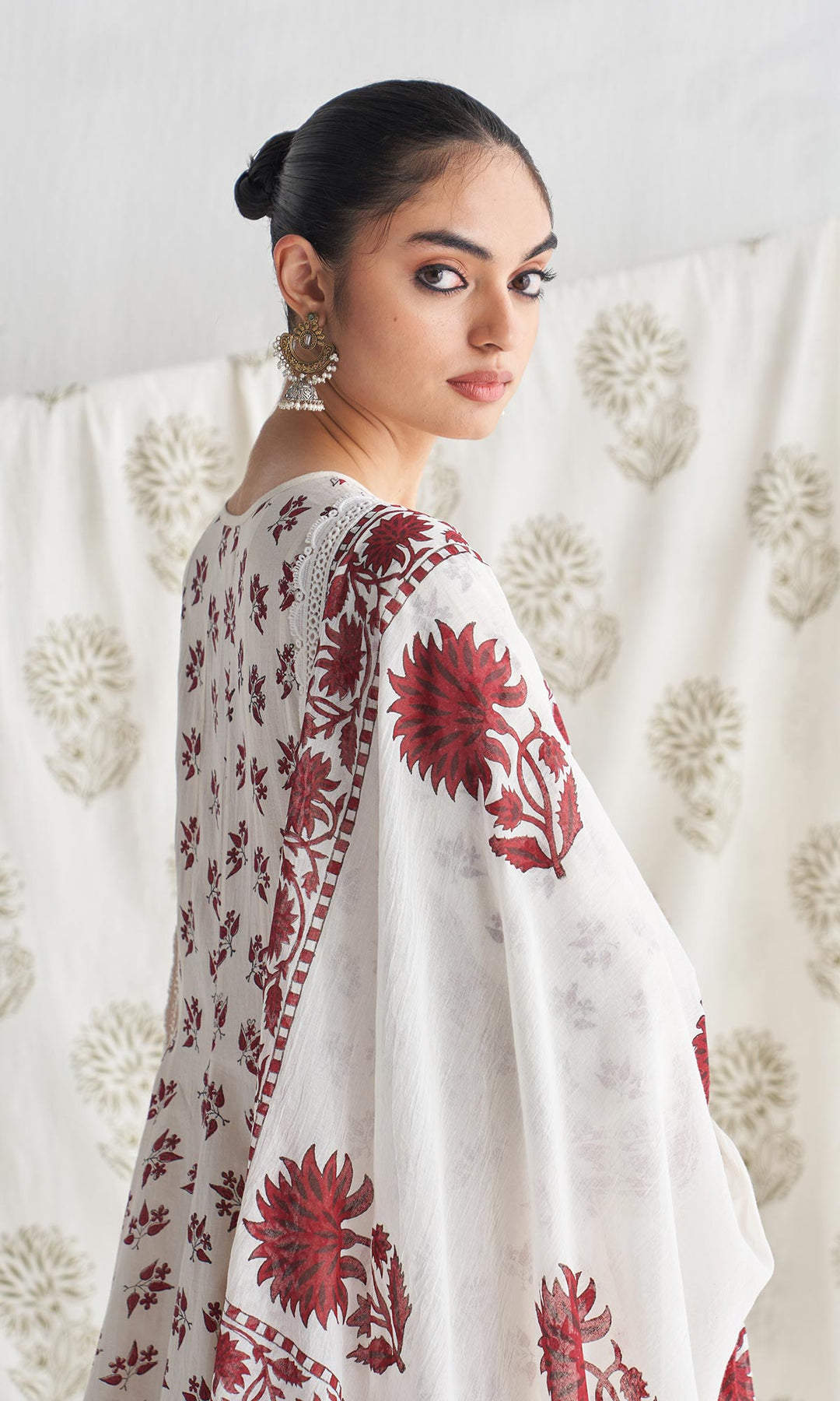 Gulmohar mughal red block printed anarkali with churidar and printed dupatta ( set of 3)