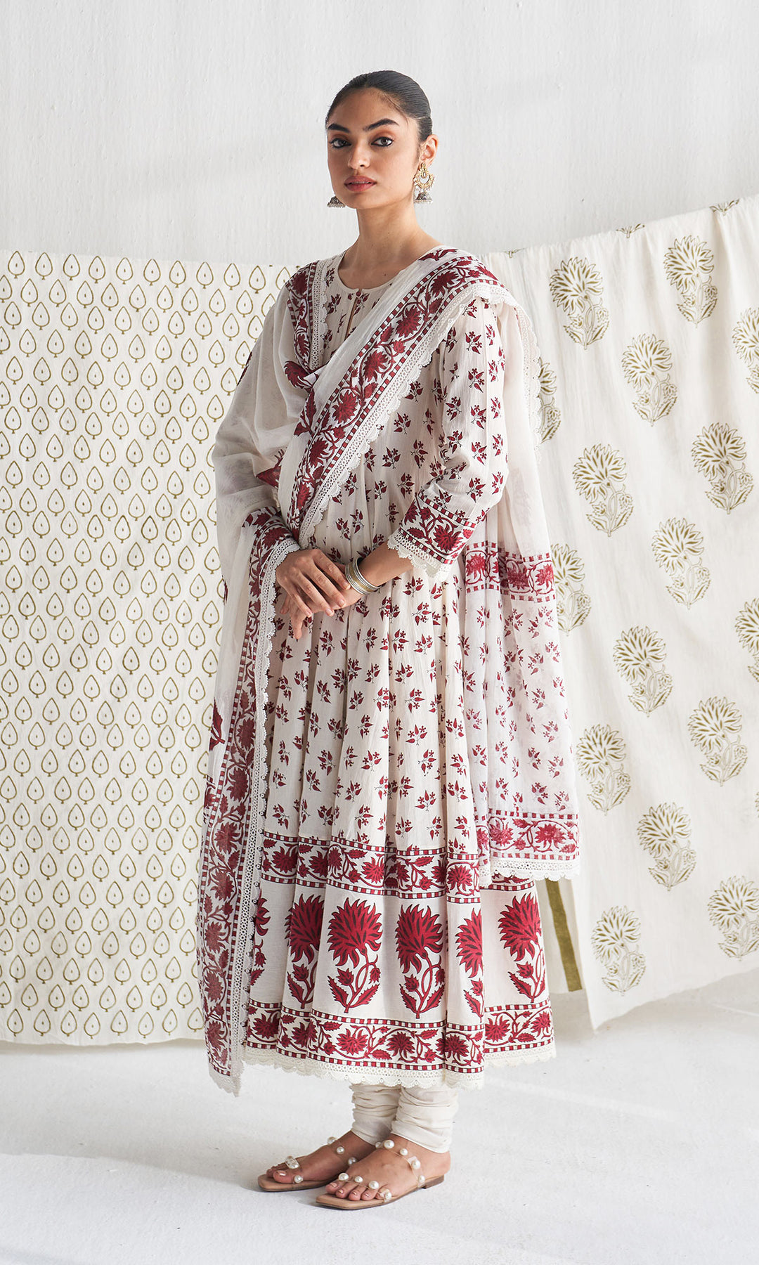 Gulmohar mughal red block printed anarkali with churidar and printed dupatta ( set of 3)