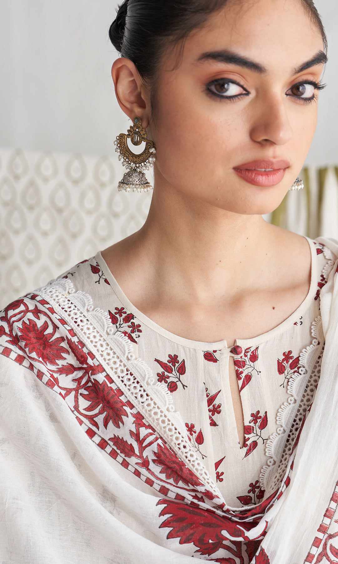 Gulmohar mughal red block printed anarkali with churidar and printed dupatta ( set of 3)