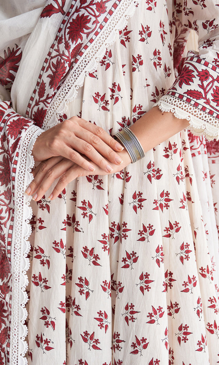 Gulmohar mughal red block printed anarkali with churidar and printed dupatta ( set of 3)